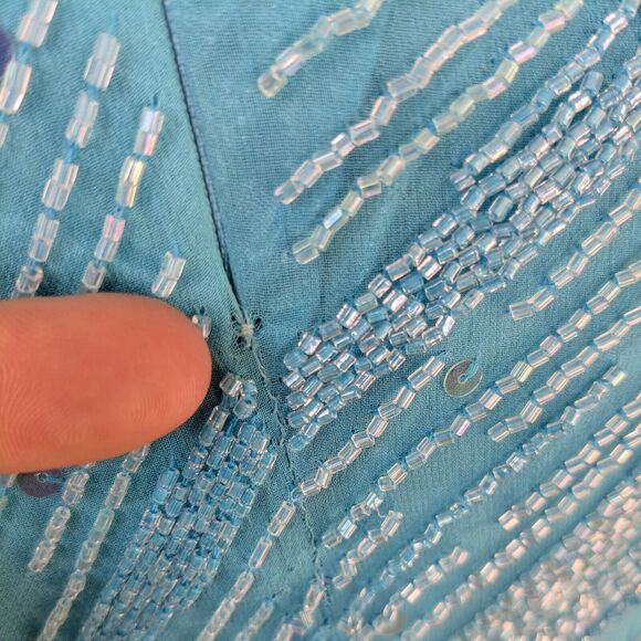 Silk Prom Dress Maxi Gown 10 Blue Vintage Y2K Fairy Glam Bead Princess Slit Bead - Picture 15 of 15